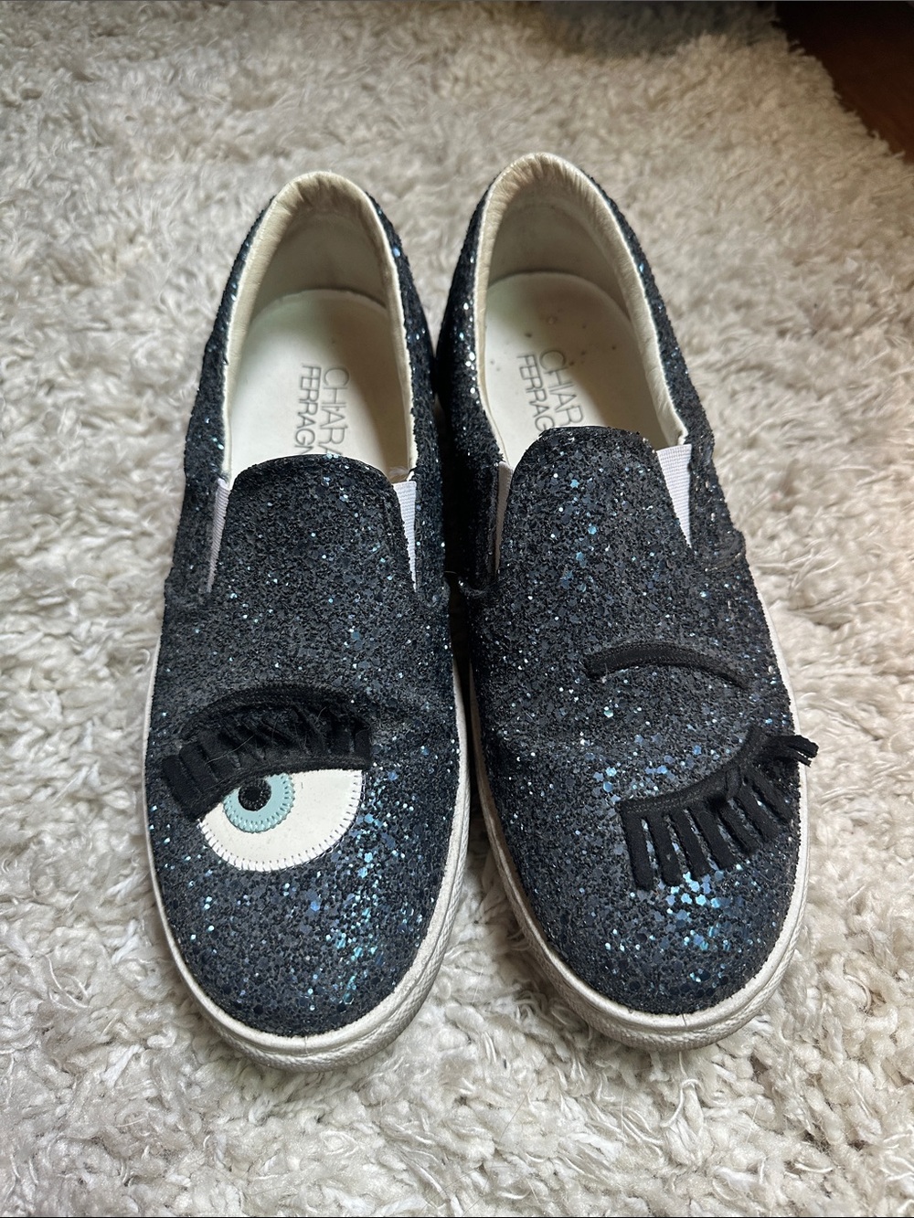 Chiara Ferragni Kids Black Glitter Eye Slip-Ons with Blue Accent